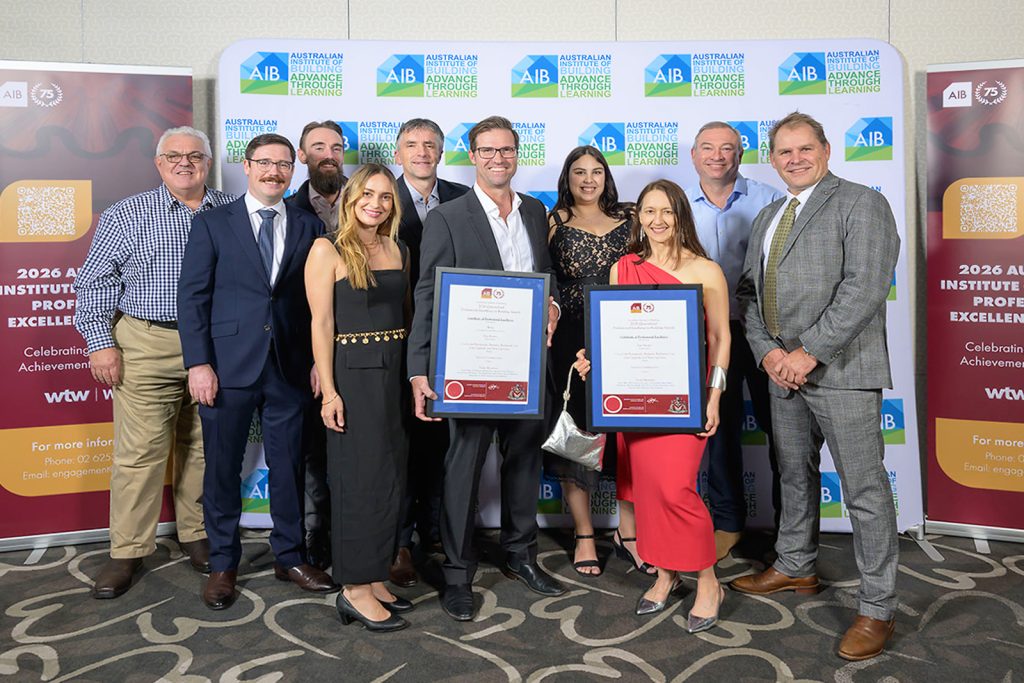 Dan Brown and the Wiley team accepting the Australian Institute of Building QLD Professional Excellence Award for Interior Construction for the CCEP Richlands project